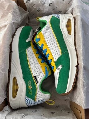 Skechers BT21 Women’s 7.5 Green, Yellow & White Suede Athletic Sneakers NIB